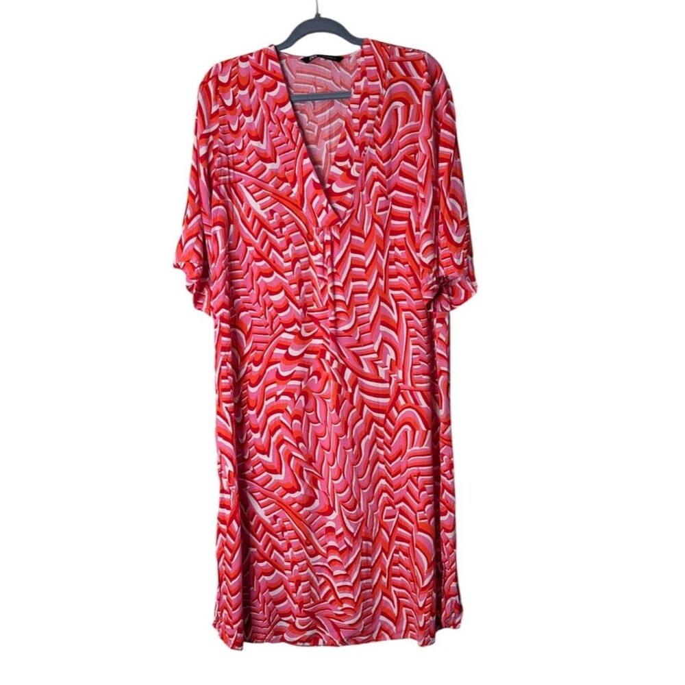 Zara abstract Geometric Print V-Neck Kaftan Tunic Dress Pink Red Small coverup